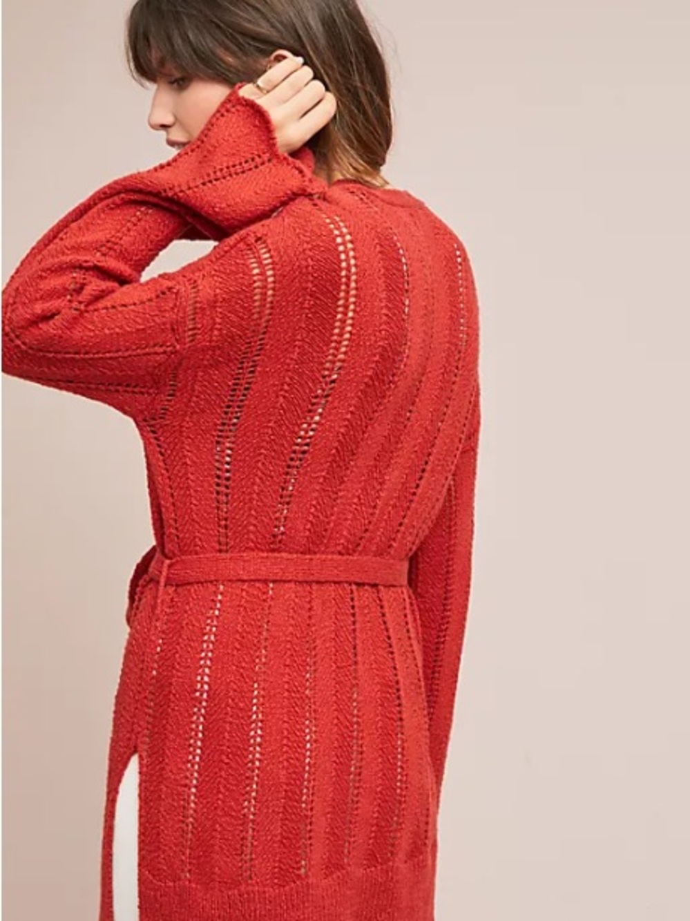 Meadow Rue| Anthropologie| Rust Red Open-Knit Belted Scalloped Hem Cardigan Sz M
